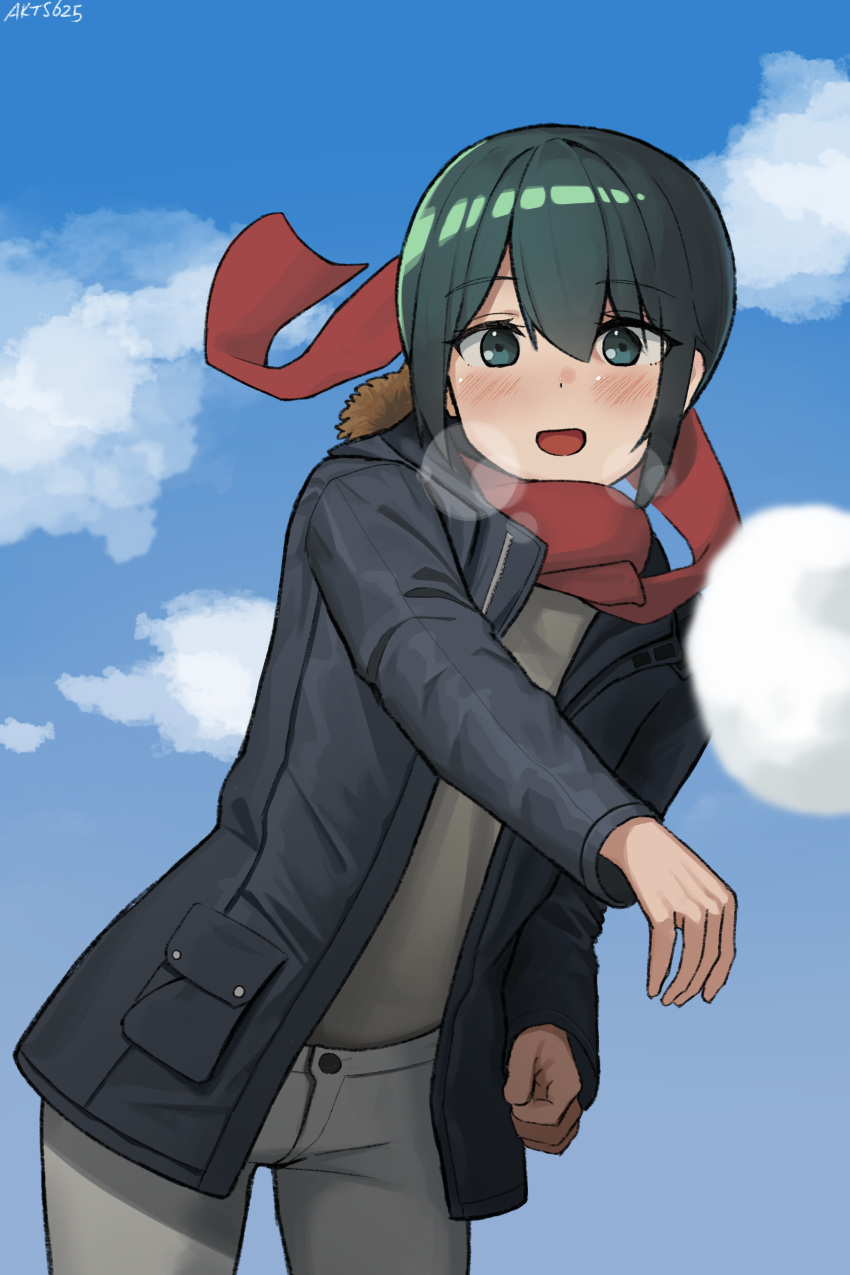 1girl :d absurdres akts625 androgynous artist_name black_coat blue_sky blurry blush bokeh clouds coat commentary cowboy_shot day depth_of_field english_commentary floating_scarf fur-trimmed_hood fur_trim green_eyes green_hair grey_shirt hair_between_eyes highres hood hood_down incoming_attack kino_(kino_no_tabi) kino_no_tabi leaning_forward long_sleeves looking_at_viewer open_clothes open_coat open_mouth outdoors pants red_scarf scarf shirt short_hair signature sky smile snowball snowball_fight solo throwing tomboy very_short_hair white_pants