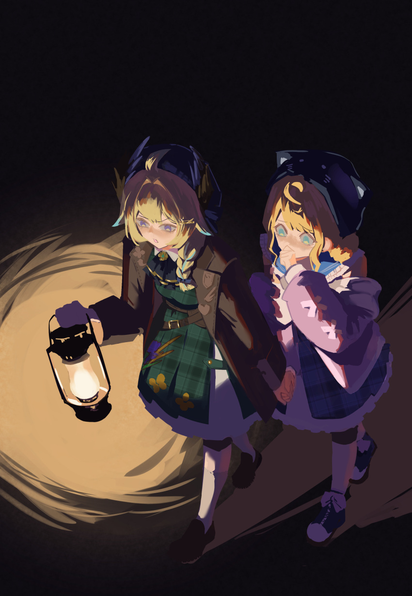 2girls absurdres ahoge animal_hat aqua_eyes blonde_hair blue_dress braid cat_hat chinese_commentary dress enna_alouette enna_alouette_(3rd_costume) green_dress hair_ornament hairclip hand_to_own_mouth hat head_wings highres holding holding_hands holding_lantern lantern medium_hair millie_parfait millie_parfait_(3rd_costume) multiple_girls nijisanji nijisanji_en off_shoulder plaid plaid_dress scared violet_eyes wings yegaa7