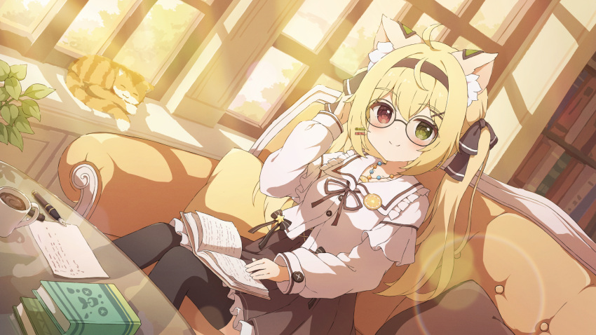 1girl ahoge animal animal_ear_fluff animal_ears black_thighhighs blonde_hair blush book book_on_lap bow brown_hairband brown_ribbon cat closed_mouth coffee coffee_mug commission couch cup day dress dutch_angle frills glass_table glasses green_eyes hair_bow hair_ornament hairband hairclip heterochromia highres indoors jewelry long_hair long_sleeves looking_at_viewer medallion mug necklace nib_pen_(object) on_couch original pen red_eyes ribbon sidelocks sitting skeb_commission smile solo table thigh-highs twintails tyakomes variant_set