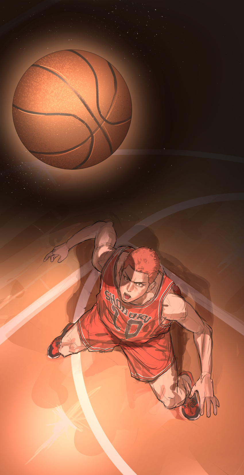 1boy absurdres ball basketball_(object) basketball_court basketball_jersey basketball_uniform bishounen black_eyes buzz_cut catching chamuring full_body highres light_particles looking_up male_focus open_mouth red_footwear red_shorts red_tank_top redhead sakuragi_hanamichi shoes short_hair shorts slam_dunk_(series) sneakers solo sportswear tank_top toned toned_male very_short_hair
