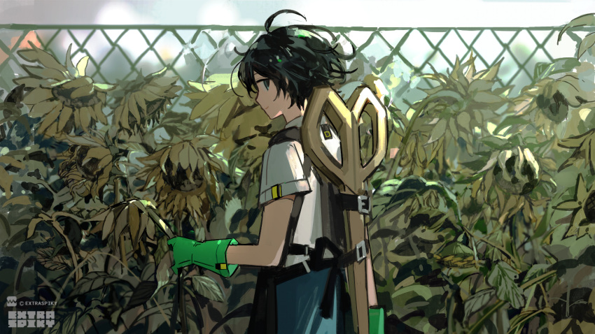 1boy ahoge apron aqua_eyes artist_logo artist_name black_apron black_hair chain-link_fence closed_mouth commentary_request copyright_notice cowboy_shot extraspiky fence flower gloves green_gloves holding holding_hose hose light_smile looking_at_viewer male_focus original outdoors oversized_object scissors shirt short_hair short_sleeves sideways_glance solo sunflower watering watermark white_shirt wilted_flower