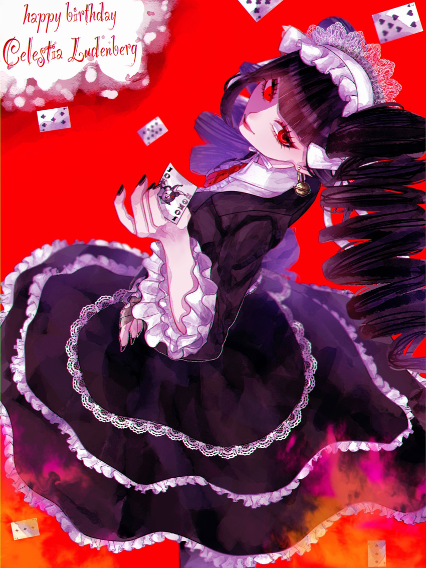 1girl black_hair black_nails black_skirt blunt_bangs bonnet card celestia_ludenberg character_name danganronpa:_trigger_happy_havoc danganronpa_(series) drill_hair earrings frills gothic_lolita happy_birthday highres holding holding_card jacket jewelry lace-trimmed_skirt lace_trim layered_skirt lolita_fashion long_hair long_sleeves looking_at_viewer nail_polish necktie playing_card red_background red_eyes red_lips red_necktie ru_na shirt skirt smile solo twin_drills twintails