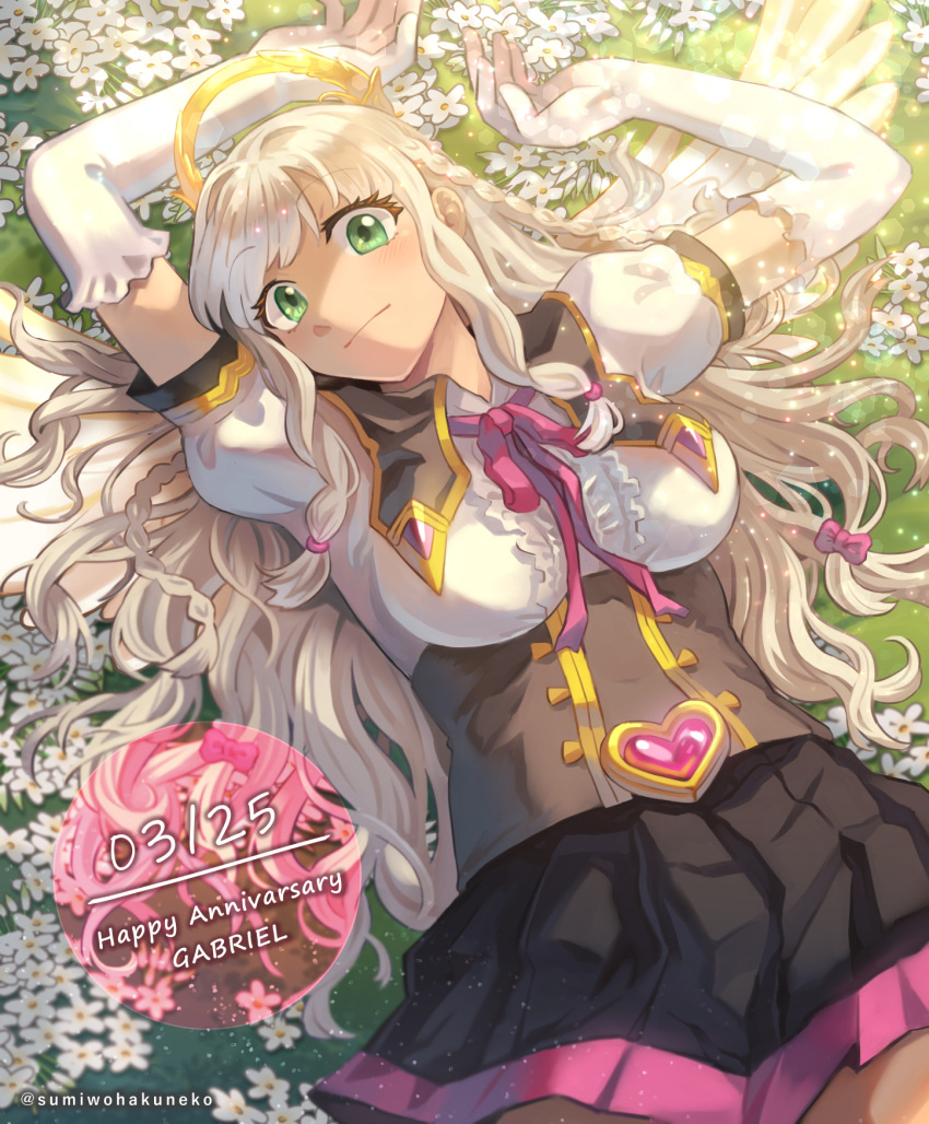 1girl angel_wings blonde_hair bow braid closed_mouth elbow_gloves flower frilled_shirt frills gabriel_(housamo) gloves green_eyes hair_bow halo happy_birthday heart highres light_particles long_hair looking_at_viewer lying multiple_hair_bows on_back pleated_skirt puffy_short_sleeves puffy_sleeves shirt short_sleeves skirt solo sumi_wo_hakuneko tokyo_afterschool_summoners twitter_username white_gloves wings