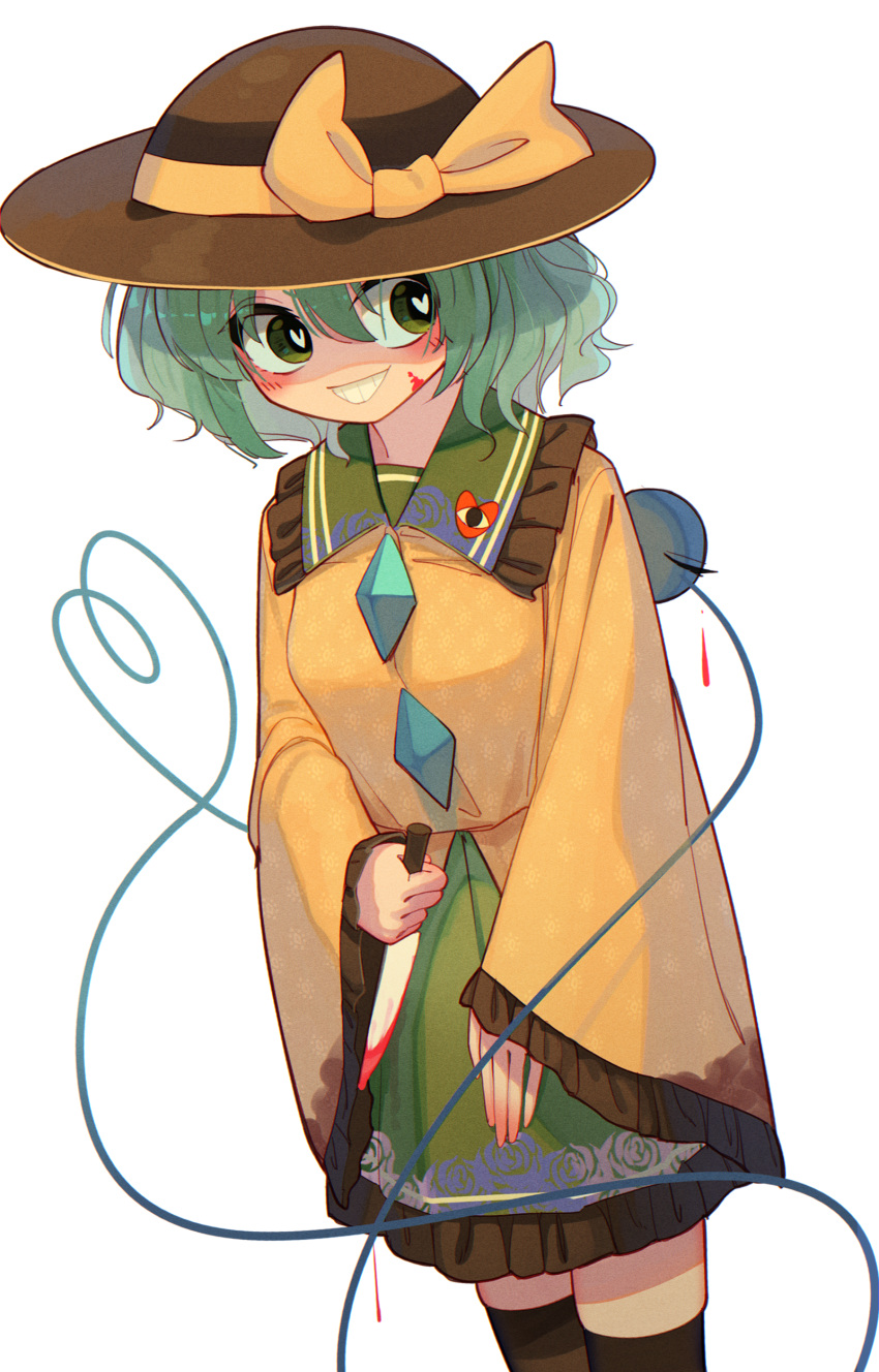1girl absurdres black_headwear black_thighhighs blood blood_on_face blood_on_knife bow buttons commentary_request cowboy_shot diamond_button floral_print frilled_shirt_collar frilled_skirt frilled_sleeves frills green_hair green_skirt grin hat hat_bow heart heart_in_eye heart_of_string highres holding holding_knife housulu knife komeiji_koishi long_sleeves looking_at_viewer medium_hair rose_print shirt simple_background skirt smile symbol_in_eye thigh-highs third_eye touhou white_background wide_sleeves yellow_bow yellow_shirt