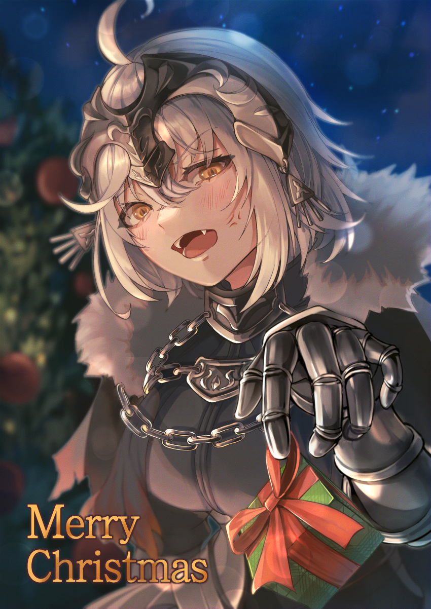 1girl absurdres ahoge armor armored_dress blush box breasts chain christmas christmas_tree english_text fangs fate/grand_order fate_(series) fur_trim gauntlets gift gift_box gloves grey_hair hair_between_eyes headpiece highres holding holding_gift jeanne_d'arc_alter_(avenger)_(fate) jeanne_d'arc_alter_(fate) merry_christmas open_mouth senada37 solo white_hair yellow_eyes