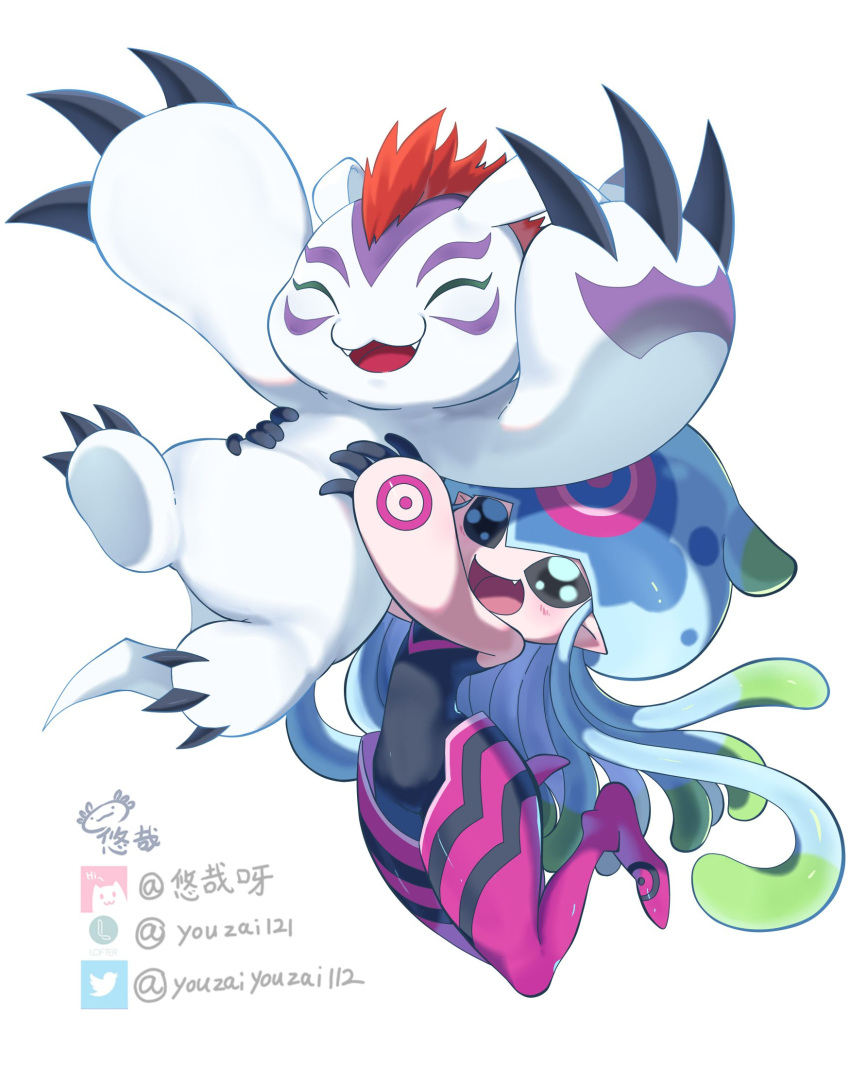 :3 :d ^_^ black_eyes chinese_commentary claws closed_eyes digimon digimon_(creature) fang fangs gomamon highres jellymon pointy_ears simple_background smile solid_eyes tentacle_hair twitter_username white_background youzaiyouzai112