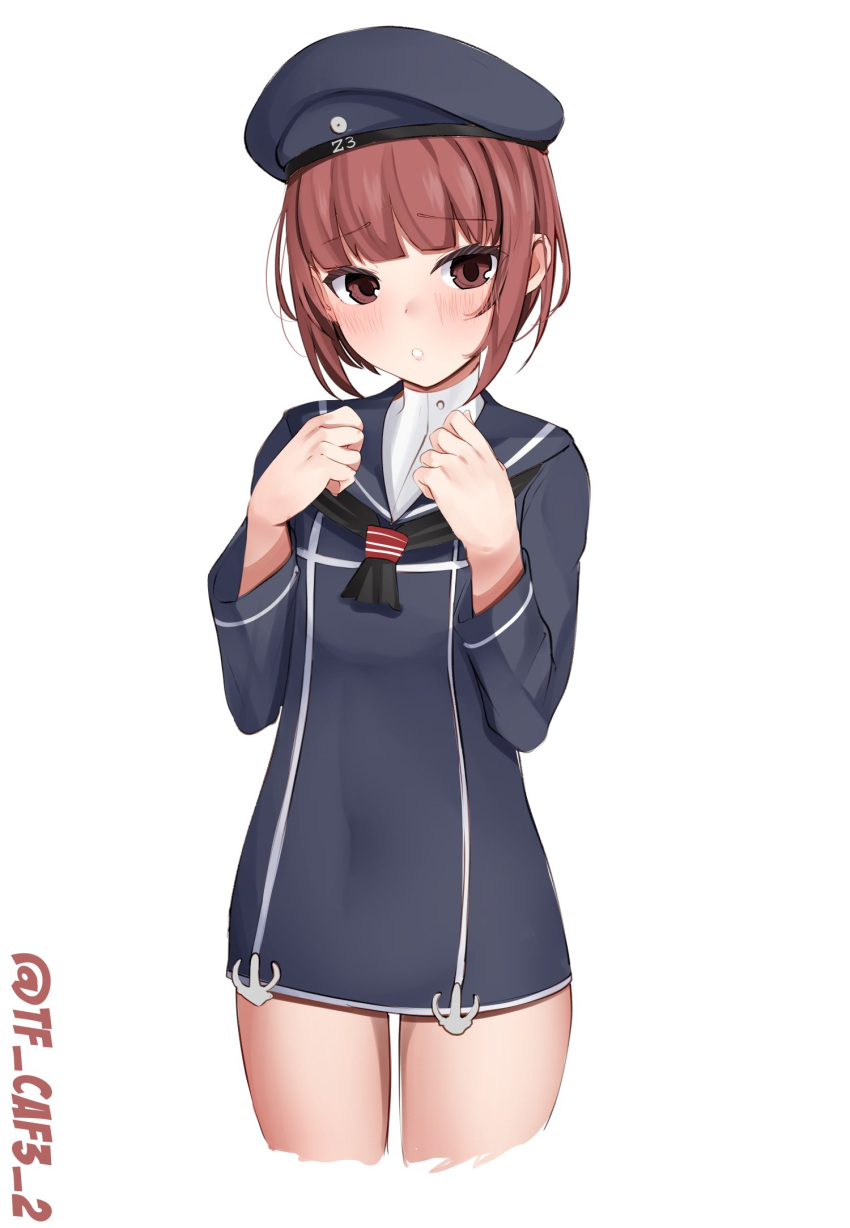 1girl blush brown_eyes brown_hair clothes_writing cowboy_shot dress hat highres kantai_collection long_sleeves looking_at_viewer military_hat peaked_cap sailor_collar sailor_dress sailor_hat short_hair simple_background smile solo tf_cafe twitter_username white_background z3_max_schultz_(kancolle)