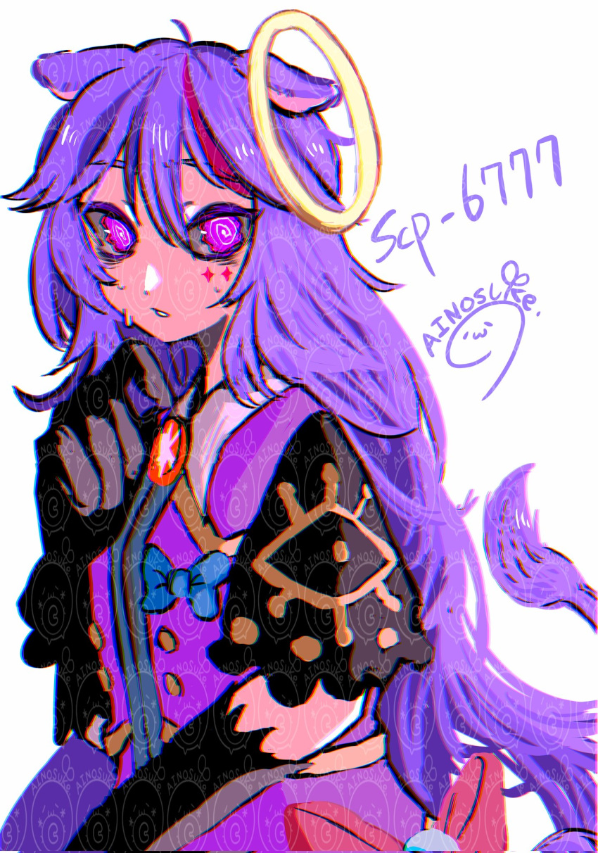 1girl @_@ ainosuke_031 black_gloves blue_bow bow cow_tail english_text gloves halo highres long_hair looking_at_viewer multicolored_hair purple_hair red_bow redhead scp-6777 scp_foundation signature solo tail violet_eyes white_background yellow_halo