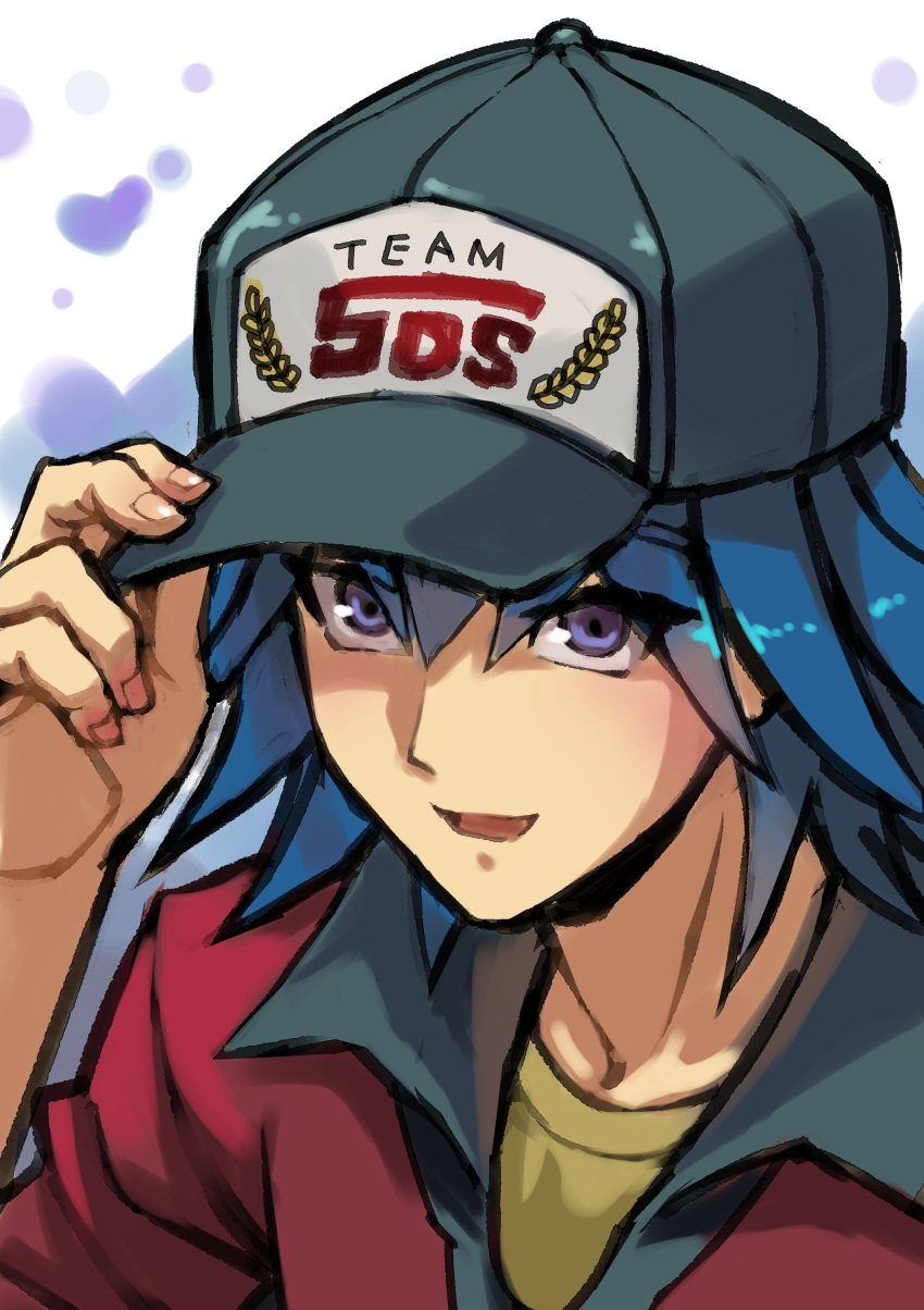1boy absurdres baseball_cap black_headwear black_shirt blue_background blue_hair bruno_(yu-gi-oh!) collared_shirt english_text hand_on_headwear hand_up hat highres jacket looking_at_viewer looking_up male_focus open_mouth red_jacket shirt short_hair simple_background smile solo upper_body violet_eyes yellow_shirt youko-shima yu-gi-oh! yu-gi-oh!_5d's