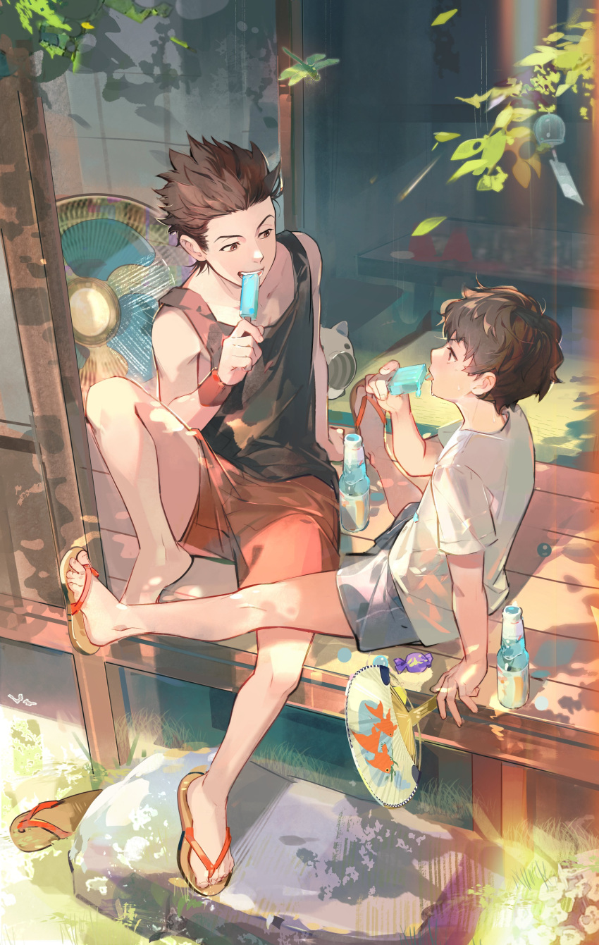 2boys absurdres aged_down black_tank_top bottle brown_eyes brown_hair candy dappled_sunlight day eating electric_fan eye_contact food full_body grey_shorts hand_fan highres looking_at_another male_focus miyagi_ryouta miyagi_sota multiple_boys paper_fan popsicle porch red_shorts shirt shorts sitting slam_dunk_(series) slippers smile spiky_hair sunlight tank_top toned toned_male undercut vidave1 wavy_hair white_shirt wind_chime