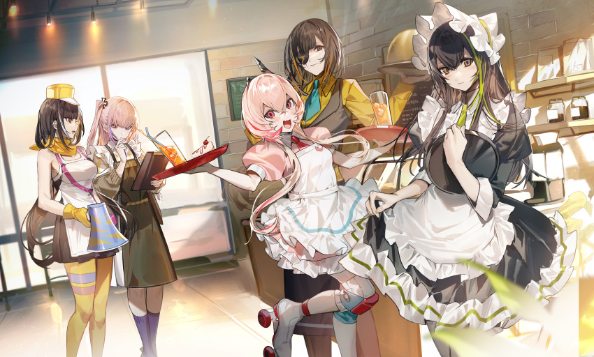 5girls absurdres apron black_hair breasts cafe drinking_straw eyepatch girls_frontline gloves green_hair grey_eyes hair_between_eyes highres long_hair looking_at_viewer m16a1_(girls'_frontline) m4_sopmod_ii_(girls'_frontline) m4a1_(girls'_frontline) maid maid_apron medium_breasts megaphone menu_board multicolored_hair multiple_girls official_alternate_costume official_art one_side_up orange_hair pink_hair purple_hair red_eyes redhead ro635_(girls'_frontline) roller_skates scar scar_on_face skates st_ar-15_(girls'_frontline) streaked_hair tray waitress white_hair yellow_gloves