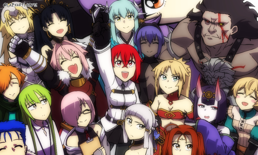 4boys ahoge armor astolfo_(fate) bare_shoulders black_hair blonde_hair blue_hair blush breastplate breasts chaldea_uniform clenched_hands clipboard closed_eyes closed_mouth cu_chulainn_(fate) cu_chulainn_(fate/stay_night) dark_skin detached_sleeves dress earrings enkidu_(fate) fang fate/grand_order fate_(series) fujimaru_ritsuka_(female) gareth_(fate) gauntlets glasses gold_earrings green_eyes green_hair grey_eyes hassan_of_serenity_(fate) headpiece heracles_(fate) heterochromia ishtar_(fate) japanese_clothes jeanne_d'arc_(fate) jewelry kimono kingprotea_(fate) kiyohime_(fate) lazyartlazy12 long_hair mash_kyrielight medium_breasts mordred_(fate) multicolored_hair multiple_boys multiple_girls navel necktie nezha_(fate) oni open_mouth orange_eyes orange_hair penthesilea_(fate) pink_hair purple_dress purple_hair red_eyes red_tie robin_hood_(fate) short_bangs short_hair shuten_douji_(fate) siblings sisters skirt smile strap twitter_username white_dress yellow_eyes