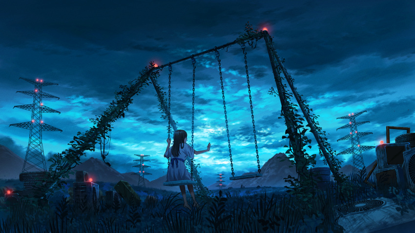 absurdres air_conditioner brown_hair clouds cloudy_sky dress evening field highres long_hair original outdoors overgrown plant scenery shuu_illust sitting sky swing swing_set transmission_tower vines white_dress