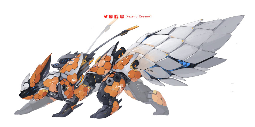 animal_focus artist_name blue_eyes closed_mouth commentary english_commentary facebook_logo facebook_username flareon from_side highres instagram_logo instagram_username mecha mechanization no_humans pixiv_logo pixiv_username pokemon pokemon_(creature) robot simple_background solo standing twitter_logo twitter_username white_background xezeno