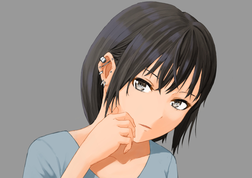 1girl black_hair collarbone commentary_request ear_bar ear_piercing earclip earrings grey_background grey_eyes hair_between_eyes hand_up jewelry kamitani_takahiro looking_at_viewer original parted_lips partial_commentary piercing portrait short_hair sidelocks simple_background solo