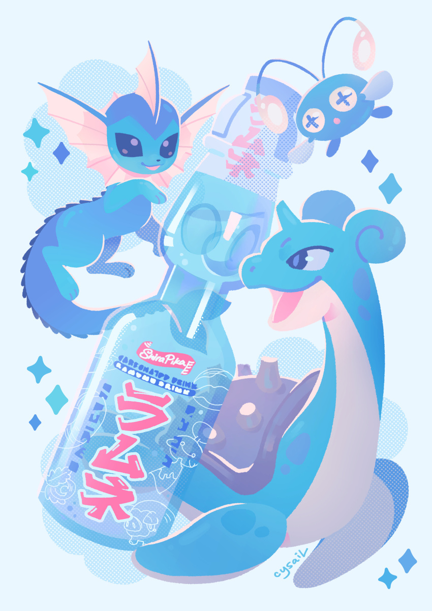 absurdres blue_background blue_theme bottle chimecho chinchou clip_studio_paint_(medium) commentary creature_request cryotters highres lapras lechonk no_humans open_mouth pokemon pokemon_(creature) ramune signature simple_background smile symbol-only_commentary vaporeon