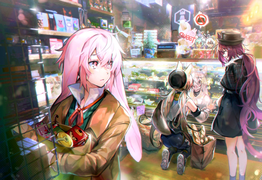 2girls 3boys adnachiel_(arknights) animal_ears ansel_(arknights) arknights arms_behind_back artist_name bag baguette bare_legs beret black_headwear black_skirt blonde_hair blue_hair bowler_hat bread brown_jacket cardigan_(arknights) cardigan_(sunny_day)_(arknights) cash_register cat_ears cat_girl cat_tail collared_shirt commentary dog_ears english_text feet_out_of_frame food full_body green_vest halo hat highres holding holding_bag ice_cream indoors jacket jar long_hair lop_rabbit_ears melantha_(arknights) melantha_(letters_from_wessex)_(arknights) multiple_boys multiple_girls pink_eyes pink_hair plaid plaid_vest pocky purple_hair rabbit_ears shelf shirt shopping_bag short_hair skirt sparkling_eyes speech_bubble squatting steward_(arknights) supermarket tail tin_(container) upper_body vest wed_(lim38869577) white_shirt