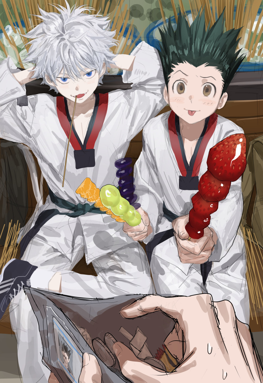 3boys :3 absurdres arms_behind_back black_hair blue_eyes brown_eyes candied_fruit chamuring child coin dougi fangs fangs_out food gon_freecss highres holding holding_food holding_wallet hunter_x_hunter id_card killua_zoldyck leorio_paladiknight looking_at_another male_focus martial_arts_belt multiple_boys out_of_frame pants shoes short_hair sitting sneakers spiky_hair tongue tongue_out wallet white_hair white_pants