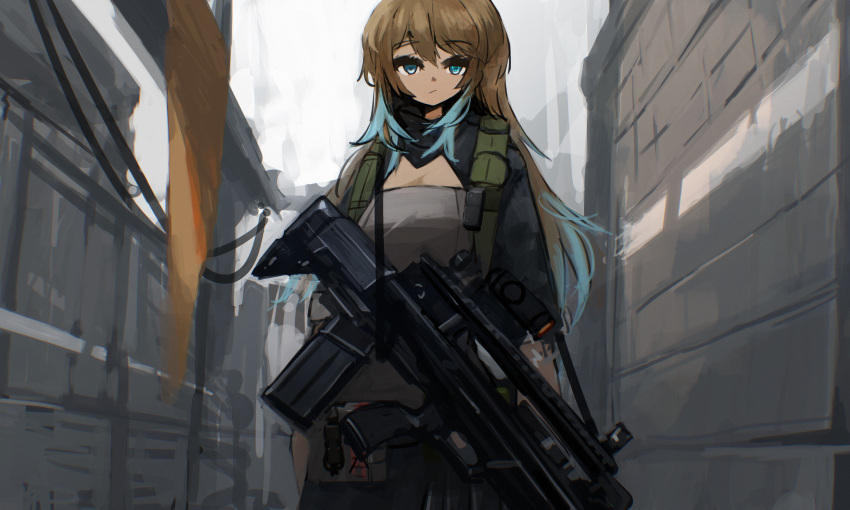 1girl :/ absurdres bandana blonde_hair blue_eyes blue_hair breasts commission commissioner_upload gradient_hair highres indie_virtual_youtuber long_hair looking_at_viewer medium_breasts multicolored_hair non-web_source skeb_commission solo virtual_youtuber weapon yamabiko270 zeta_(vtuber)