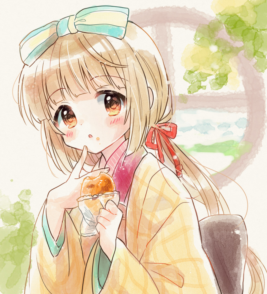 1girl black_bow blunt_bangs blush bow breasts brown_eyes brown_hair dot_nose food food_on_face from_side hair_bow hair_ribbon hands_up highres holding holding_food idolmaster idolmaster_cinderella_girls idolmaster_cinderella_girls_starlight_stage japanese_clothes kimono long_hair long_sleeves looking_at_viewer mochizuki_yomogi open_mouth ponytail red_ribbon ribbon round_window senbei small_breasts solo two-tone_ribbon upper_body very_long_hair window yellow_kimono yorita_yoshino