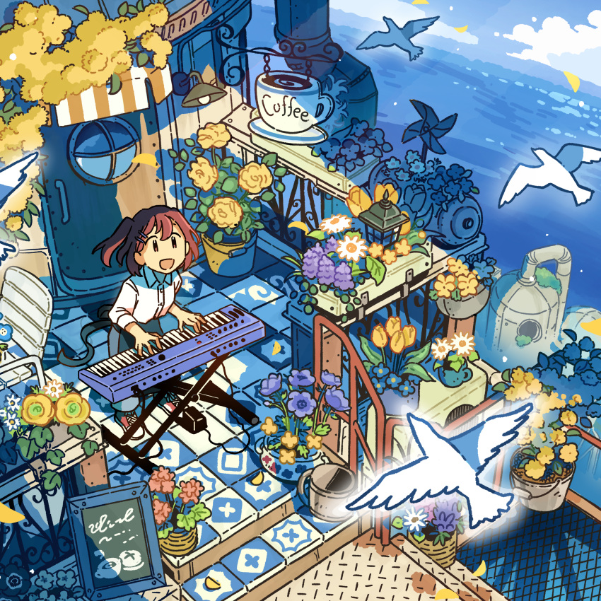 1girl :d absurdres air_conditioner album_cover apron bird blue_flower blue_sky brown_eyes brown_hair bucket building canalbooks1125 chair clouds collared_shirt cover day diamond_plate door dress_shirt falling_petals flower grey_apron grey_pants hair_ornament hairclip highres horizon instrument keyboard_(instrument) leaning_forward light_rays medium_hair menu_board music no_sclera ocean open_mouth original outdoors pants pedal_(instrument) petals pinwheel playing_instrument ponytail purple_flower railing red_footwear second-party_source shirt shirt_tucked_in shoes sign sky sleeves_rolled_up smile sneakers solo standing sunlight waist_apron water white_bird white_shirt wide_shot window yellow_flower