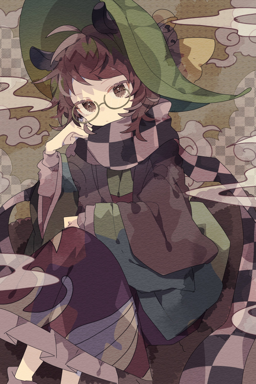 1girl absurdres ahoge animal_ears bell brown_eyes brown_hair brown_skirt checkered_background checkered_clothes checkered_scarf closed_mouth feet_out_of_frame futatsuiwa_mamizou glasses green_headwear green_kimono hat hat_bell highres japanese_clothes jingle_bell kimono long_sleeves looking_at_viewer nikorashi-ka raccoon_ears raccoon_tail scarf short_hair skirt solo tail touhou wide_sleeves