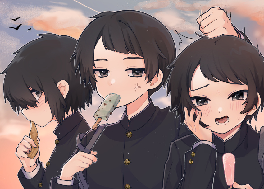 3boys anger_vein annoyed bag black_eyes black_hair black_jacket blue_sky buttoned_cuffs buttons clenched_hand collared_jacket commentary_request contrail expressionless food food_in_mouth from_side gakuran hand_on_own_cheek hand_on_own_face highres holding holding_food ice_cream jacket long_sleeves looking_at_another looking_at_viewer looking_to_the_side male_focus mandarin_collar multiple_boys open_mouth orange_clouds original outdoors punching school_bag school_uniform shiro_ichigo_(dokkoisho) shirt shoulder_bag simple_bird sky swept_bangs teeth upper_body upper_teeth_only white_shirt