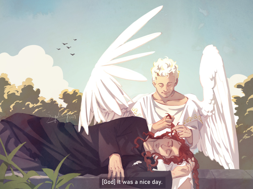 2boys angel angel_wings aziraphale_(good_omens) bird black_robe closed_eyes clouds cloudy_sky crowley_(good_omens) day demon demon_boy feathered_wings good_omens hand_in_another's_hair lap_pillow long_sleeves multiple_boys outdoors redhead robe sayatsugu sky sleeping tree wavy_hair white_hair white_robe white_wings wings