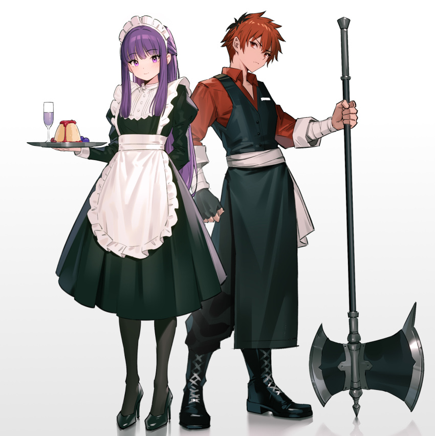 1boy 1girl 95--- alternate_costume apron axe bandaged_arm bandages battle_axe black_dress black_footwear black_gloves black_hair blunt_bangs closed_mouth collared_shirt commentary cut_bangs dress fern_(sousou_no_frieren) fingerless_gloves frilled_apron frills full_body gloves gradient_background hair_between_eyes high_heels highres holding holding_axe light_smile long_hair looking_at_viewer maid maid_apron maid_headdress male_focus multicolored_hair orange_eyes pantyhose planted planted_axe puffy_sleeves purple_hair red_shirt redhead sash shirt sidelocks simple_background single_glove smile sousou_no_frieren stark_(sousou_no_frieren) straight_hair tray two-tone_hair violet_eyes waist_apron waist_sash waistcoat waiter weapon white_apron white_sash wrist_cuffs