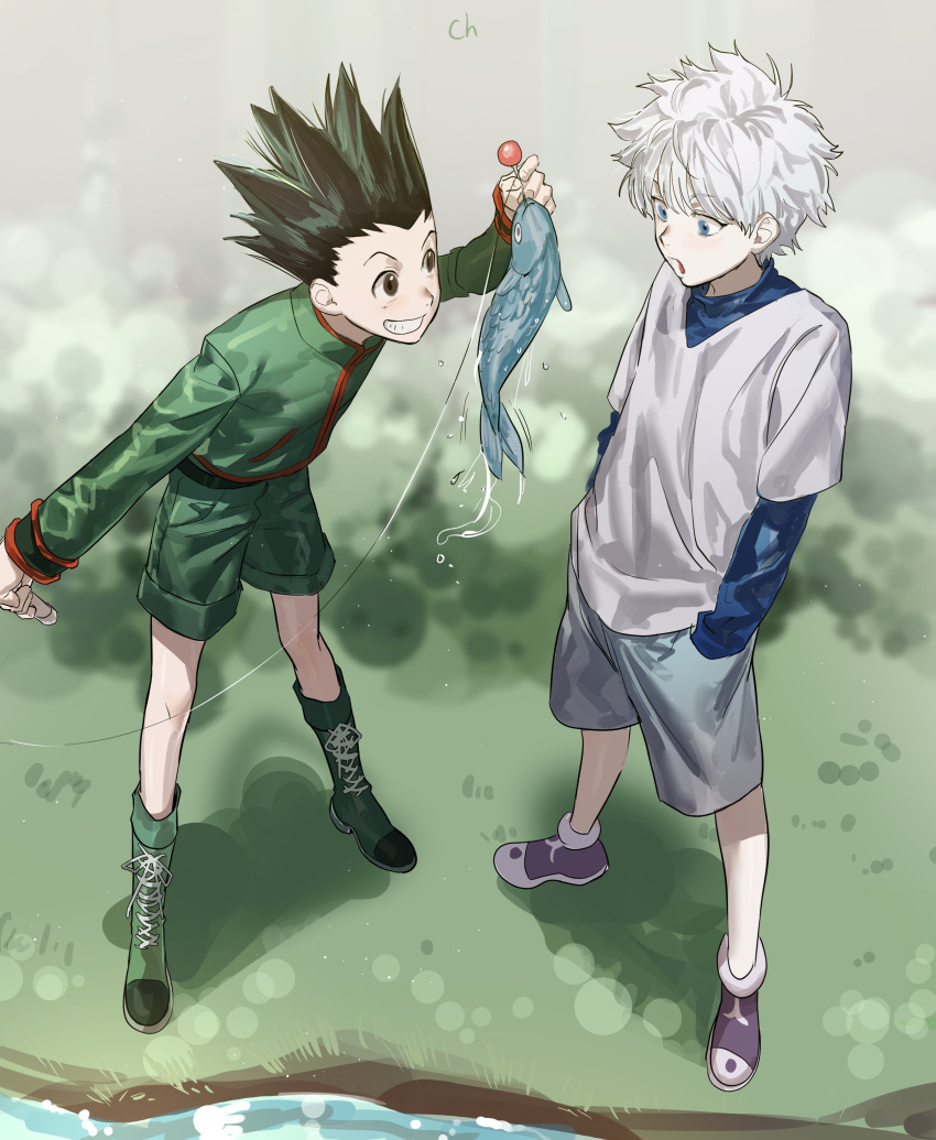 2boys absurdres black_hair blue_eyes boots brown_eyes chamuring child fish fishing_rod gon_freecss green_footwear green_jacket grey_shorts hands_in_pockets highres hunter_x_hunter jacket killua_zoldyck layered_sleeves long_sleeves looking_at_another male_focus multiple_boys open_mouth outdoors purple_footwear shirt short_hair short_over_long_sleeves short_sleeves shorts smile spiky_hair white_hair white_shirt