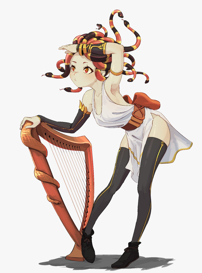 1girl ancient_greek_clothes black_thighhighs commentary english_commentary full_body gauntlets greco-roman_clothes harp highres instrument orange_pupils orange_ribbon original red_eyes ribbon snake snake_hair solo suweeka thigh-highs white_background