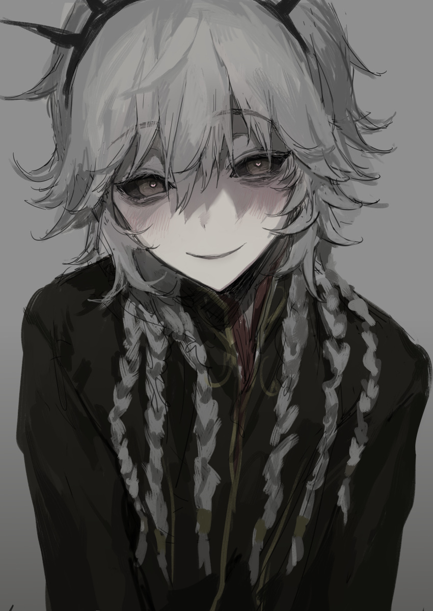 1boy absurdres androgynous black_sclera blush braid colored_sclera facing_viewer grey_background grey_hair greyscale hair_between_eyes heart heart-shaped_pupils highres identity_v ithaqua_(identity_v) ithaqua_(morningstar)_(identity_v) jiz_(pffbq) long_hair looking_at_viewer male_focus monochrome multiple_braids pale_skin shaded_face sketch smile solo symbol-shaped_pupils upper_body