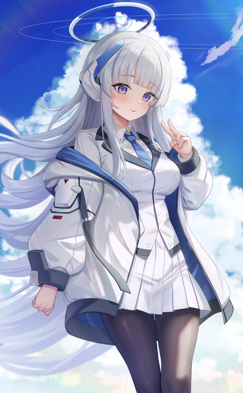 1girl absurdres black_pantyhose blue_archive blue_necktie blush breasts chisi clouds collared_shirt commentary_request cumulonimbus_cloud day feet_out_of_frame grey_hair halo highres jacket large_breasts long_hair long_sleeves looking_at_viewer mechanical_halo necktie noa_(blue_archive) open_clothes open_jacket outdoors pantyhose pleated_skirt shirt skirt solo suit tongue tongue_out two-sided_fabric two-sided_jacket violet_eyes white_jacket white_shirt white_skirt