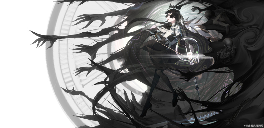 1girl absurdly_long_hair absurdres antenna_hair arknights artist_name ascot belt belt_buckle black_ascot black_bustier black_eyes black_footwear black_gloves black_hair black_halo black_skirt black_thighhighs black_wings blunt_bangs blurry blurry_background bone bow_(music) broken_halo buckle bustier buttons cello chinese_commentary chinese_text clock collared_jacket commentary_request corpse dark_halo depth_of_field detached_wings dress_shirt energy_wings film_grain floating_clothes floating_hair from_side full_body gloves glowing grey_shirt halo hands_up heel_up high_collar high_heels highres hime_cut holding holding_bow_(music) holding_instrument holding_violin incredibly_absurdres instrument jacket layered_sleeves legs long_hair long_sleeves looking_afar looking_ahead miniskirt multiple_hands music open_mouth originium_arts_(arknights) outer_glow pale_skin playing playing_instrument pleated_skirt profile roman_numeral shadow shirt short_over_long_sleeves short_sleeved_jacket short_sleeves sidelocks simple_background skeleton skirt skull smile solo spine standing straight_hair strappy_heels teeth thigh-highs very_long_hair violin virtuosa_(arknights) watermark weibo_6449618099 weibo_logo weibo_username white_background white_belt white_jacket wide_sleeves wing_collar wings