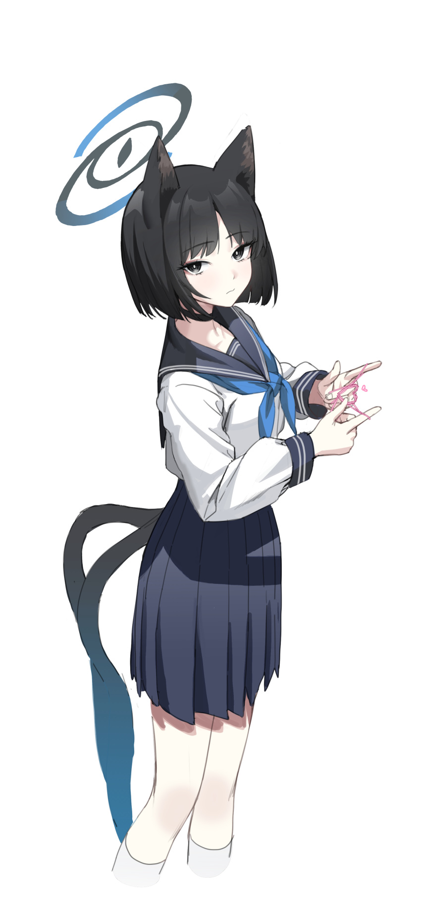 1girl absurdres animal_ears black_eyes black_hair black_sailor_collar black_skirt blue_archive blue_halo blue_neckerchief cat's_cradle cat_ears cat_tail closed_mouth feet_out_of_frame halo harebunny highres kikyou_(blue_archive) long_sleeves multiple_tails neckerchief pleated_skirt sailor_collar school_uniform serafuku short_hair simple_background skirt socks solo tail two_tails white_background white_socks