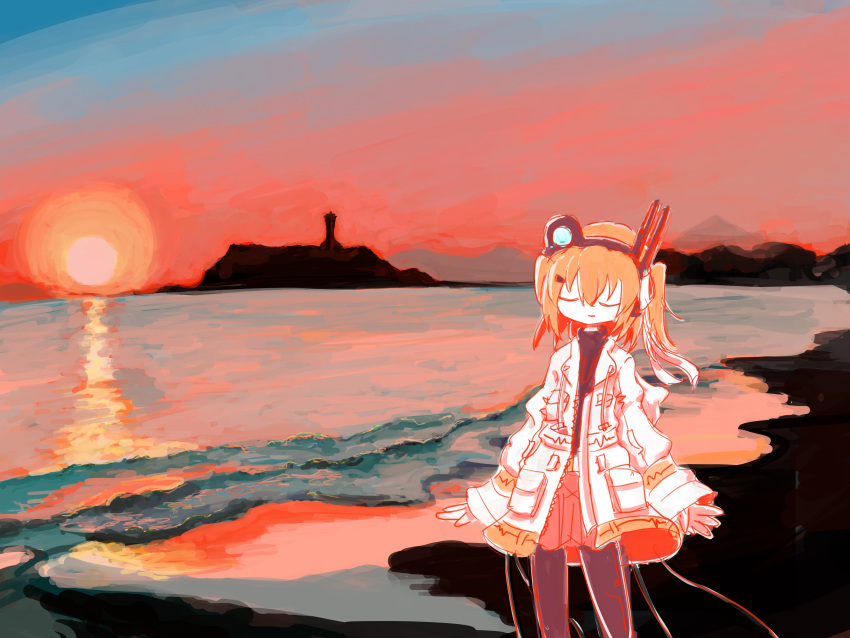 1girl a.i._voice absurdres adachi_rei arms_at_sides beach black_pantyhose black_shirt closed_eyes closed_mouth culottes facing_viewer feet_out_of_frame gradient_sky hair_ornament hair_ribbon hairclip headlamp headphones highres hood hood_down hooded_jacket horizon jacket light_smile lighthouse long_sleeves one_side_up open_clothes open_jacket outdoors pantyhose radio_antenna reflection reflective_water ribbon shirt sky solo standing sun sunset turtleneck uozmmy utau waves white_jacket white_ribbon