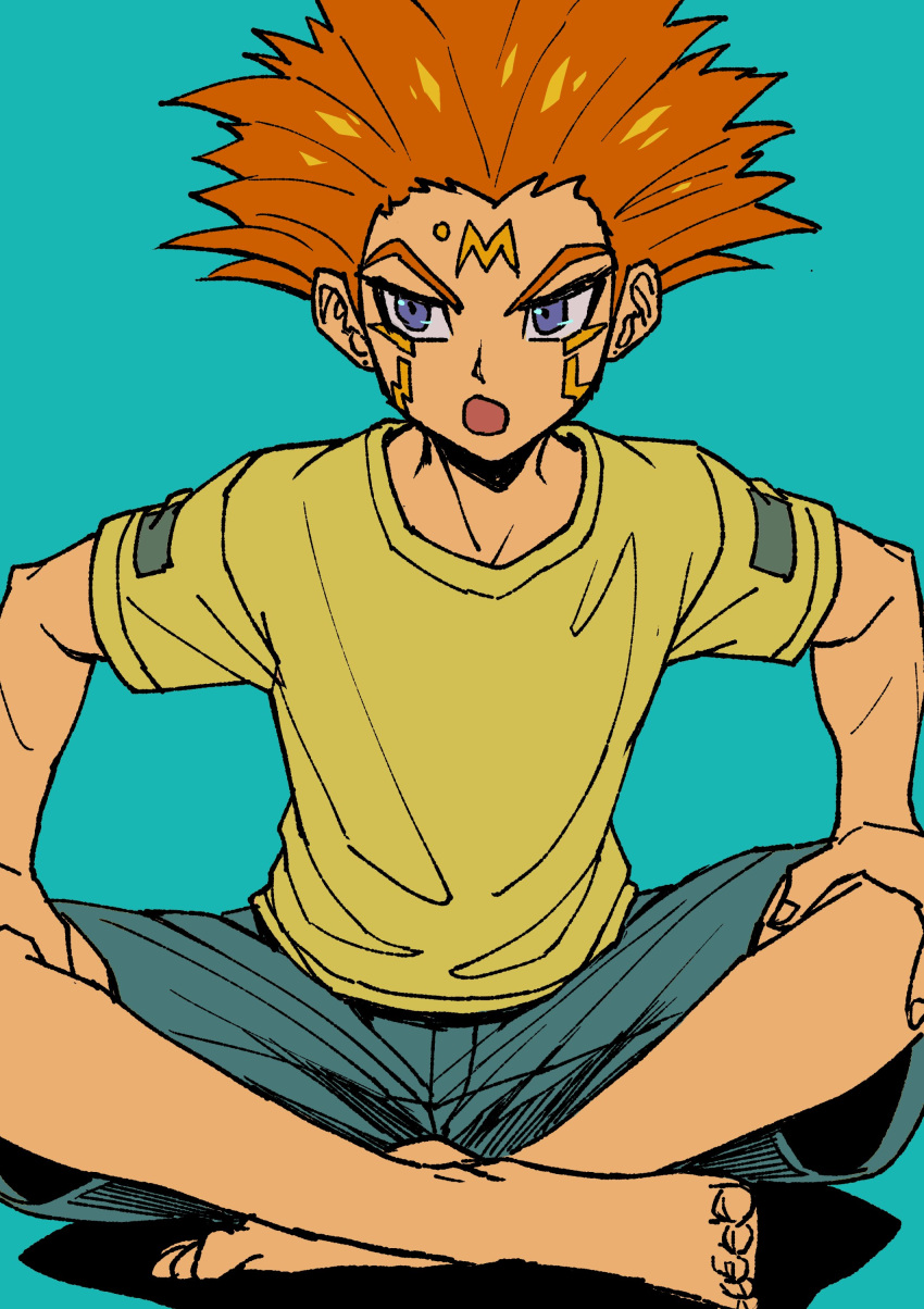 1boy absurdres annoyed barefoot blue_background blue_eyes blue_shorts crossed_legs crow_hogan facial_mark facial_tattoo facing_viewer flat_color forehead_mark hands_on_own_knees highres leaning_forward male_focus marking_on_cheek open_mouth orange_hair shirt shorts simple_background solo spiky_hair t-shirt tattoo thick_eyebrows yellow_shirt youko-shima yu-gi-oh! yu-gi-oh!_5d's