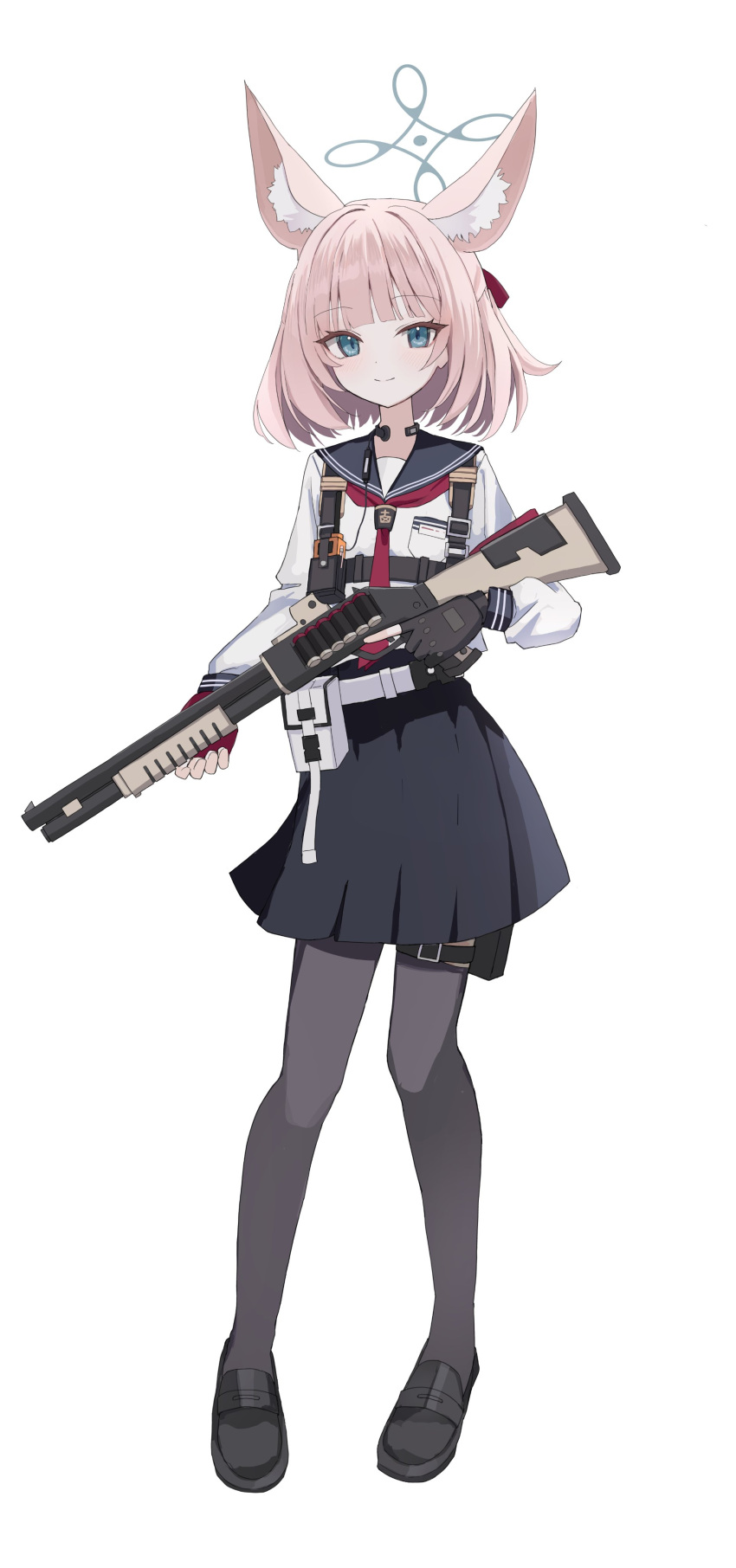1girl absurdres animal_ear_fluff animal_ears benelli_m3 black_footwear black_gloves black_sailor_collar black_skirt black_thighhighs blue_archive blue_eyes blunt_bangs chest_harness closed_mouth commentary fingerless_gloves fox_ears gloves grey_halo gun half_updo halo harness highres holding holding_gun holding_weapon holster inaba_reito loafers long_sleeves looking_at_viewer miniskirt neckerchief niko_(blue_archive) pink_hair red_neckerchief sailor_collar shirt shoes short_hair simple_background skirt smile solo standing thigh-highs thigh_holster thigh_strap throat_microphone weapon white_background white_shirt