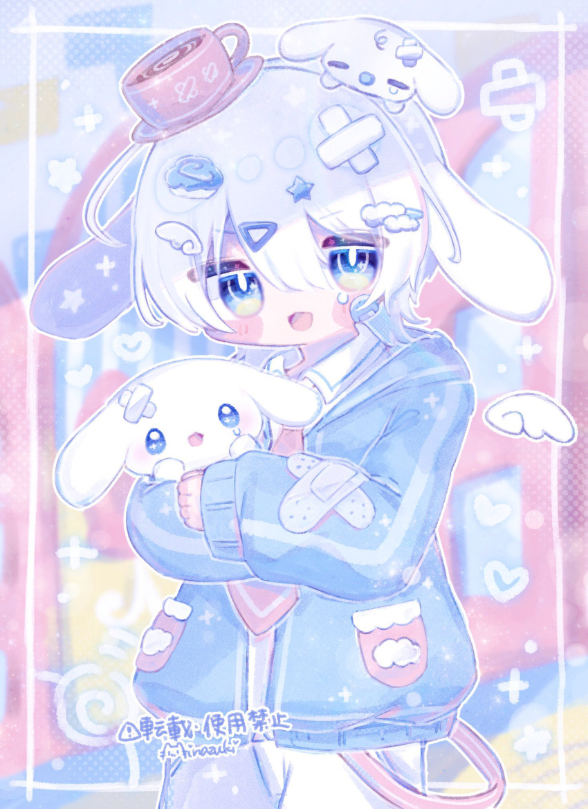 1boy animal animal_ears animal_on_head bandage_on_hair bandages bandaid bandaid_on_arm bandaid_on_clothes bandaid_on_face blue_eyes blue_jacket blush_stickers cinnamon_roll cinnamoroll cloud_hair_ornament clouds collared_shirt commentary cowboy_shot crossed_bandaids cup detached_wings dog dog_ears drink droopy_ears food food-themed_hair_ornament hair_ornament hairclip heart highres holding holding_animal hood hooded_jacket humanization jacket male_focus milk_(sanrio) minazuki_lein mug necktie on_head open_clothes open_jacket open_mouth pants pastel_colors pastry personification pink_necktie plate puppy sanrio shirt short_hair signature solo sparkle star_(symbol) star_hair_ornament teardrop tearing_up tears translation_request white_hair white_pants white_shirt white_wings wing_hair_ornament wings