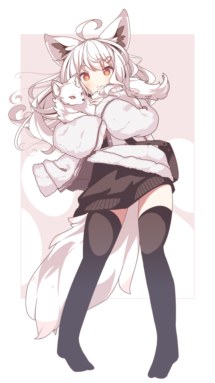 1girl ahoge animal_ear_fluff animal_ears animal_hug bag black_dress black_thighhighs blush brown_eyes closed_mouth commission copyright_request daidai_ookami dress full_body hair_ornament hairclip highres jacket long_hair long_sleeves looking_at_viewer no_shoes open_clothes open_jacket puffy_long_sleeves puffy_sleeves shoulder_bag skeb_commission sleeves_past_wrists smile solo standing tail thigh-highs very_long_hair white_hair white_jacket