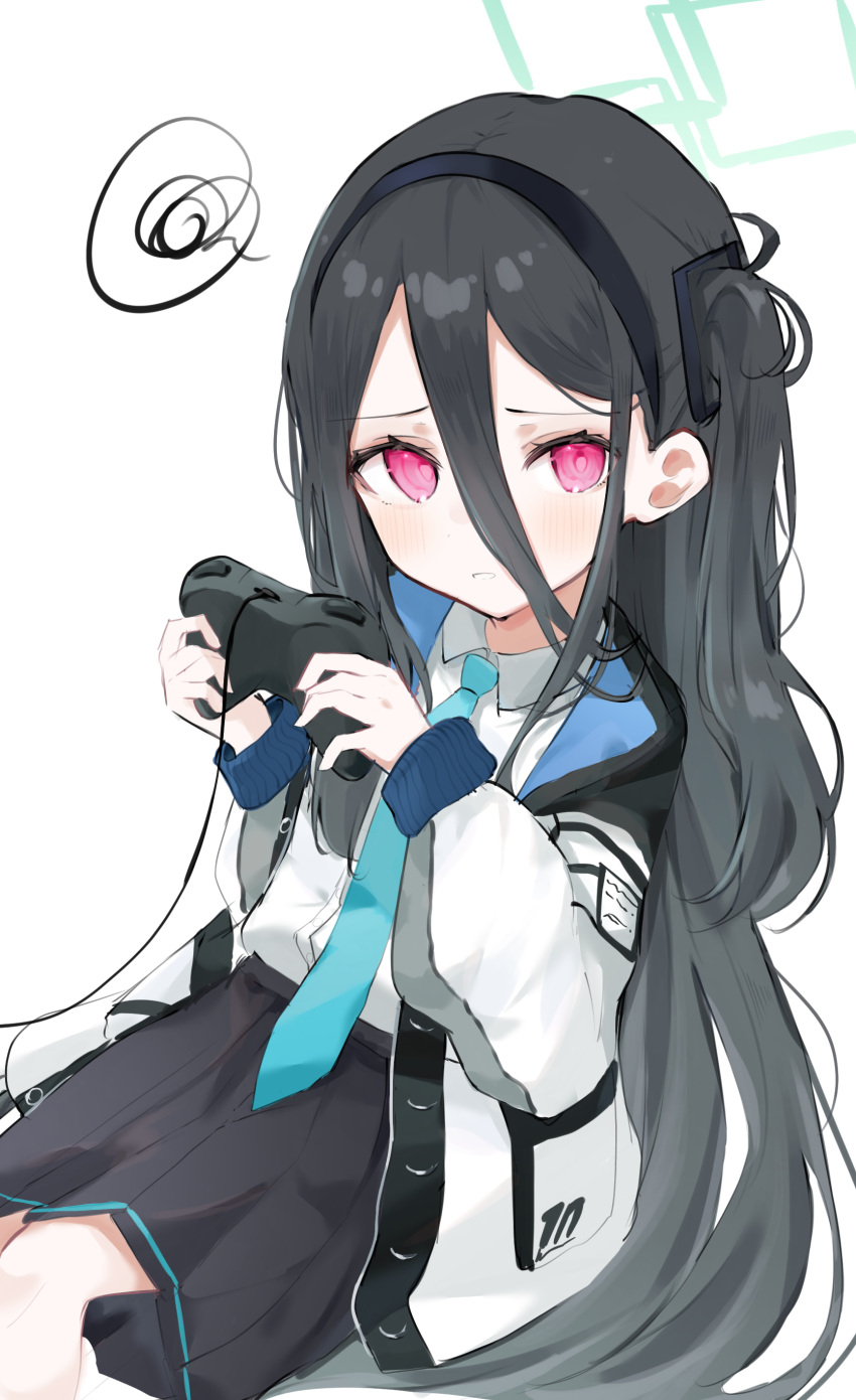 &lt;key&gt;_(blue_archive) 1girl absurdly_long_hair absurdres black_hair black_skirt blue_archive blue_necktie blush collared_shirt controller game_controller green_halo halo highres holding holding_controller holding_game_controller jacket long_hair long_sleeves looking_at_viewer necktie noko_(nco029685627) open_clothes open_jacket open_mouth pleated_skirt red_eyes shirt simple_background skirt solo squiggle very_long_hair white_background white_jacket white_shirt