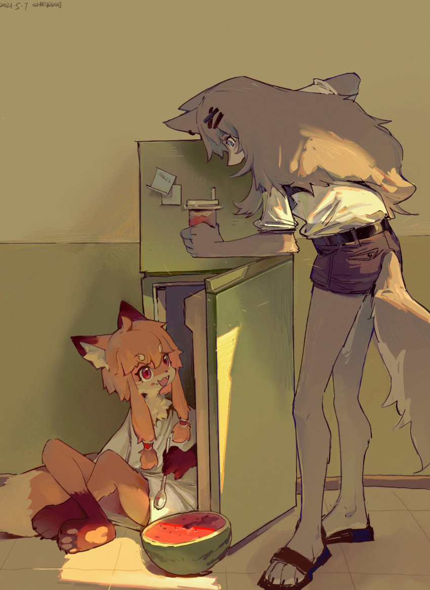2girls :3 ahoge animal_ear_fluff animal_ears barefoot belt black_footwear black_shorts blue_eyes body_fur crossed_ankles cup dated ear_piercing eye_contact fang food food_on_face fox_ears fox_girl fox_tail from_side fruit full_body furry furry_female grey_fur grey_hair hair_ornament hairclip height_difference highres holding holding_cup holding_spoon indoors knees_up leaning_forward long_hair looking_at_another multiple_girls on_floor open_mouth orange_fur orange_hair original pawpads piercing red_eyes refrigerator sandals shiiorina shirt short_hair_with_long_locks short_shorts shorts sidelocks signature sitting smile spoon standing sticky_note tail watermelon white_shirt wolf_ears wolf_girl wolf_tail x_hair_ornament