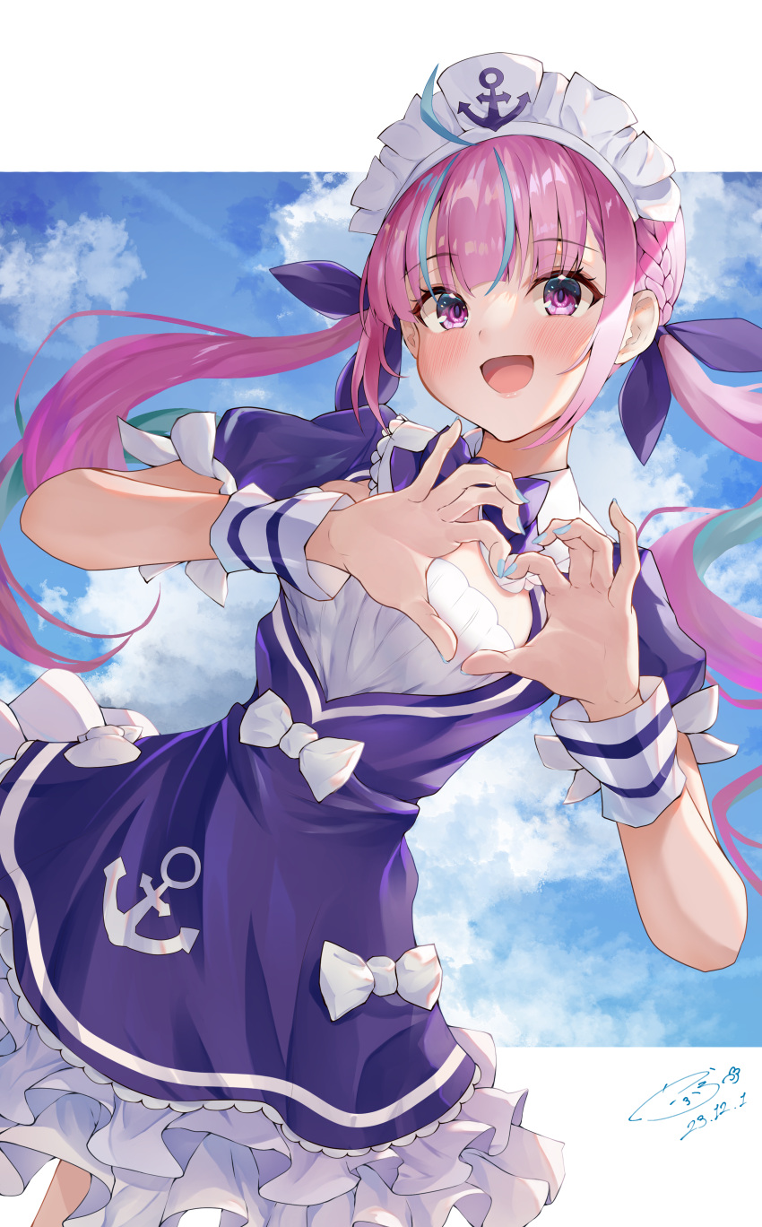 1girl :d absurdres anchor_print anchor_symbol blue_bow blue_bowtie blue_dress blue_hair blue_nails blue_ribbon blush bow bowtie colored_inner_hair commentary_request dated dress dress_bow frilled_dress frills hair_bow hair_ribbon hands_up heart heart_hands highres hololive kairono3jou long_hair looking_at_viewer maid maid_headdress minato_aqua minato_aqua_(1st_costume) multicolored_hair open_mouth pink_eyes pink_hair puffy_short_sleeves puffy_sleeves ribbon short_dress short_sleeves smile solo streaked_hair twintails two-tone_hair virtual_youtuber white_bow