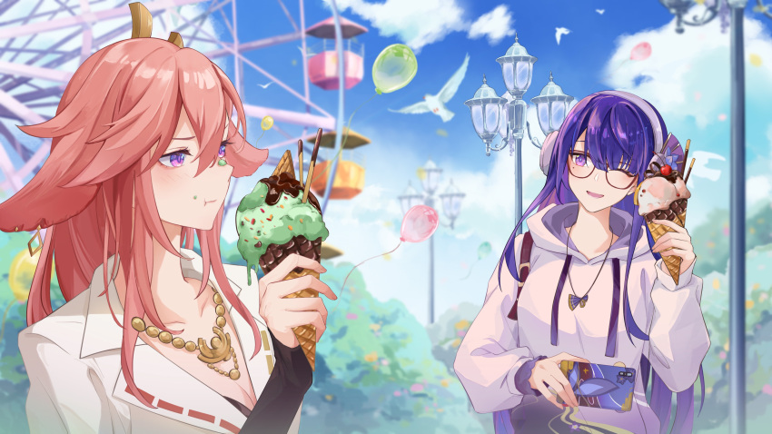 2girls absurdres animal_ears balloon bird blue_sky blunt_bangs cellphone changerduo closed_mouth clouds cloudy_sky contemporary earrings ferris_wheel food food_on_face genshin_impact glasses hair_between_eyes hair_down hair_ornament headphones highres holding hood hoodie ice ice_wings jewelry lamppost light_blush long_hair looking_at_another mole mole_under_eye multiple_girls neckerchief open_mouth outdoors phone pink_hair purple_hair raiden_shogun raiden_shogun_(2nd_anniversary) sky standing suit tree violet_eyes white_suit wings yae_miko yae_miko_(2nd_anniversary) yuri