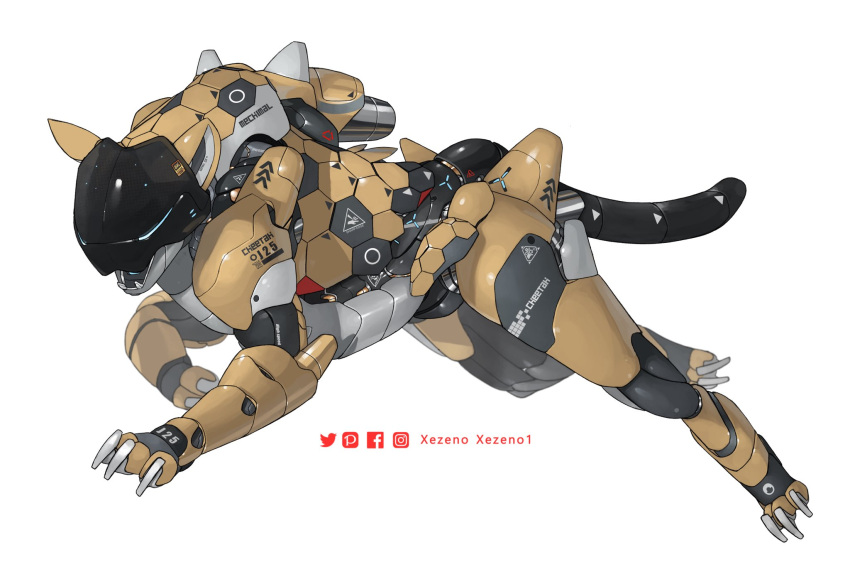 animal_ears animal_focus artist_name cat cheetah commentary english_commentary facebook_logo facebook_username from_side highres instagram_logo instagram_username mecha mechanization no_humans open_mouth original pixiv_logo pixiv_username robot running simple_background solo twitter_logo twitter_username white_background xezeno