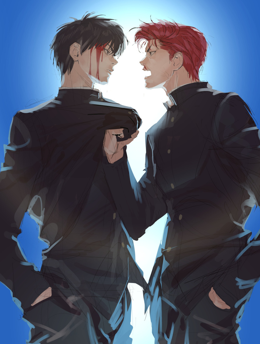 2boys absurdres angry bishounen black_eyes black_hair black_jacket black_pants blood blood_on_face blue_background chamuring clothes_grab eye_contact face-to-face gakuran hand_in_pocket highres jacket looking_at_another male_focus multiple_boys open_mouth pants pompadour profile redhead rukawa_kaede sakuragi_hanamichi school_uniform short_hair slam_dunk_(series) toned toned_male