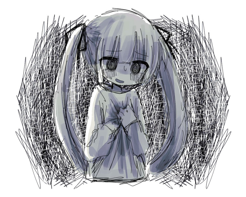 1girl @_@ blush greyscale hair_ribbon hands_on_own_chest hatching_(texture) kanikan long_hair long_sleeves looking_at_viewer monochrome open_mouth original own_hands_together ribbon shirt sketch solo sweat tears twintails upper_body