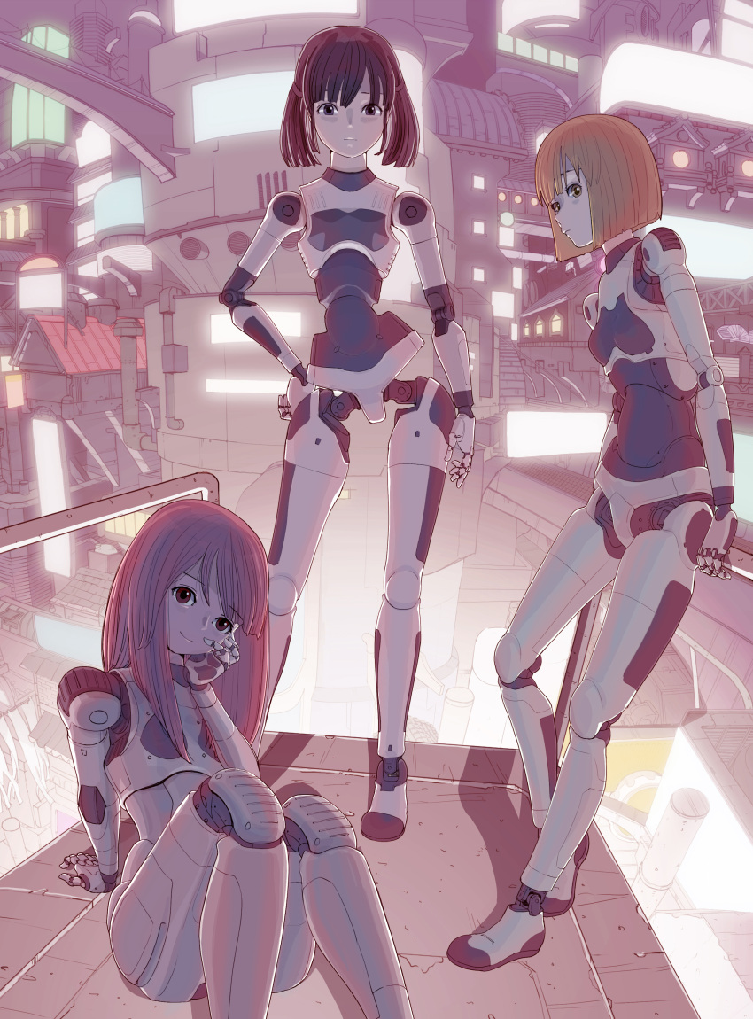 3girls absurdres against_railing android bloom bob_cut cityscape contrapposto highres joints mechanical_hands mechanical_parts multiple_girls railing robot_joints sitting standing sukabu