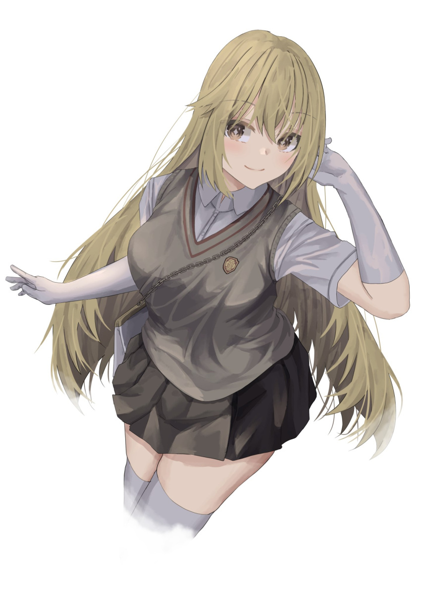 1girl araishi_maro blonde_hair brown_eyes brown_sweater_vest closed_mouth collared_shirt commentary_request cropped_legs elbow_gloves emblem gloves grey_skirt hair_between_eyes highres long_hair looking_at_viewer miniskirt pleated_skirt revision school_emblem school_uniform shirt shokuhou_misaki short_sleeves simple_background skirt smile solo sparkling_eyes summer_uniform sweater_vest thigh-highs toaru_kagaku_no_mental_out toaru_kagaku_no_railgun toaru_majutsu_no_index tokiwadai_school_uniform very_long_hair white_background white_gloves white_shirt white_thighhighs yellow_eyes
