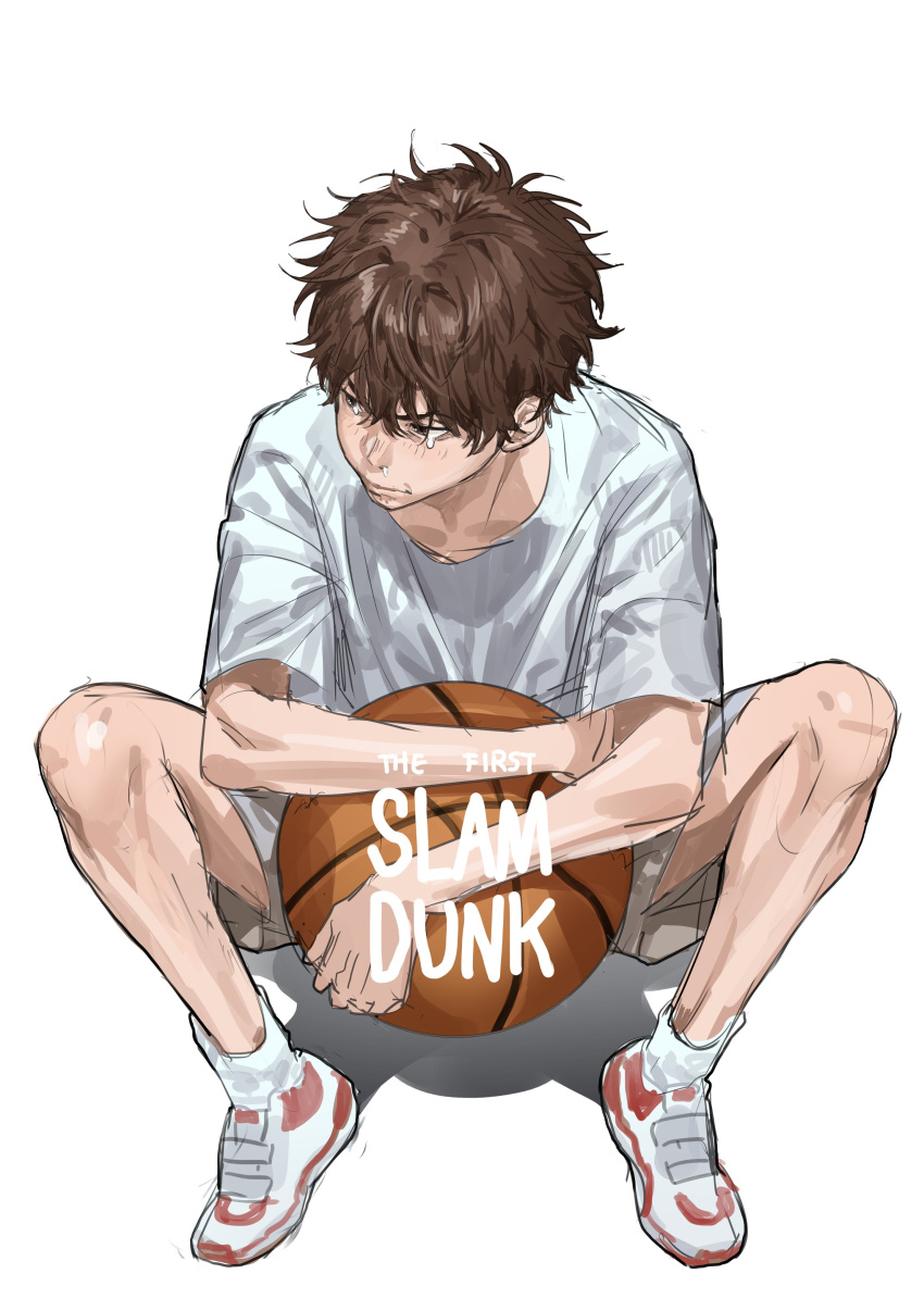 1boy absurdres aged_down ankle_socks ball basketball_(object) brown_eyes brown_hair chamuring closed_mouth crying english_text full_body highres holding holding_ball hugging_object looking_to_the_side male_focus miyagi_ryouta on_ground shadow shirt shoes shorts sitting slam_dunk_(series) sneakers socks solo undercut wavy_hair white_background white_footwear white_shirt white_shorts white_socks